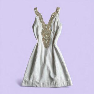 Lilly Pulitzer White Gold Embroidered Cotton Mini Dress Size 8
